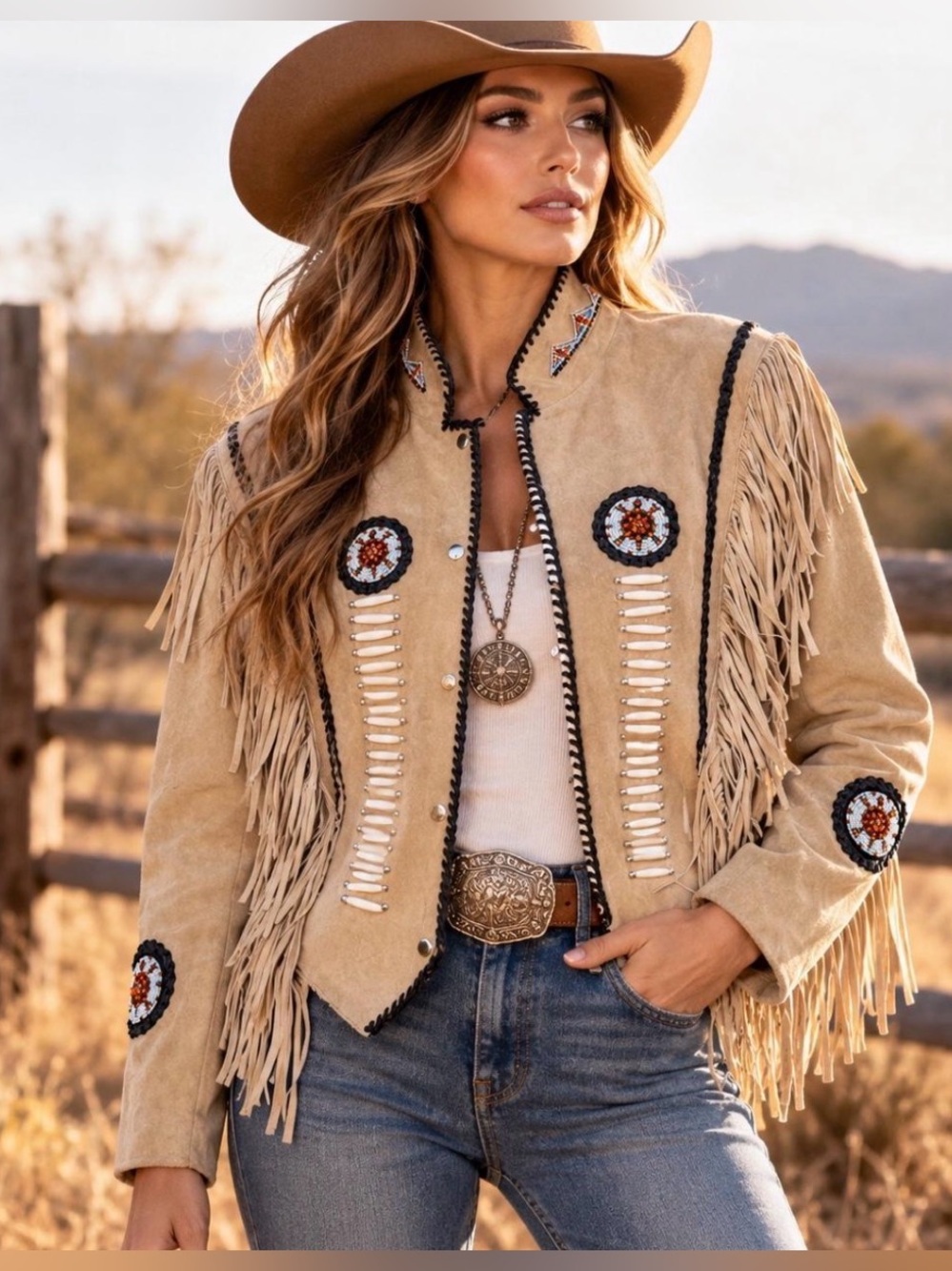 Vintage Tip Top Leather Suede Fringe Beaded Western Cowgirl Jacket 14